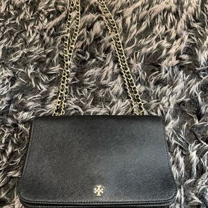 Tory Burch Robinson Logo Pebbled Adjustable Chain Black Shoulder Bag